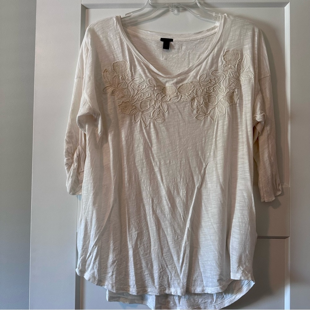 J.Crew White Floral Embroidered Scoop Neck Top 3/4 Sleeve Size XL - Picture 1 of 6